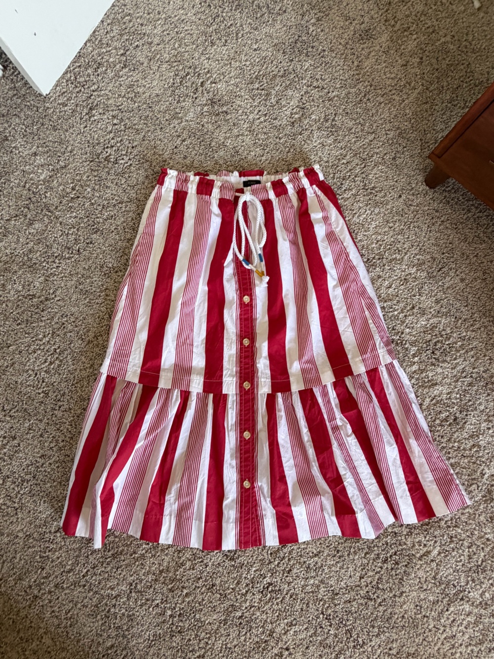 J. Crew Red and White Striped Tiered Button-Front Skirt